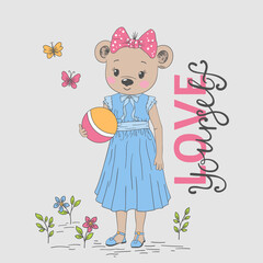 Cute little bear girl with ball, flowers, butterfly for t-shirt graphics, fashion prints, posters and other uses