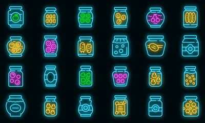 Pickled products icons set. Outline set of pickled products vector icons neon color on black