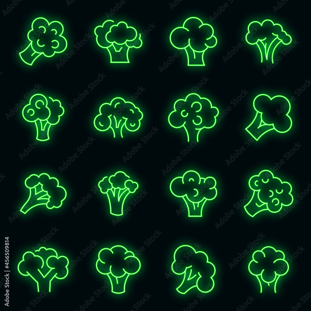 Poster broccoli icons set. outline set of broccoli vector icons neon color on black