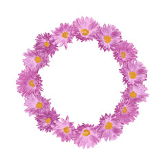Round frame with pink flowers. Round template for social media posts, mobile apps, banner design, photo and online advertising. Pink, purple daisies. Decorative frame. Vector illustration.