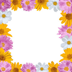 Obraz premium Flowers square frame. Square template for social media posts, mobile apps, banner design, photo and online advertising. Pink, purple, yellow, white flowers. Decorative frame. Vector illustration.