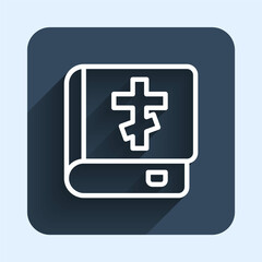 Fototapeta premium White line Holy bible book icon isolated with long shadow background. Blue square button. Vector