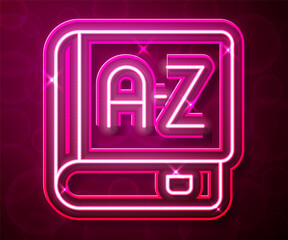 Glowing neon line Translator book icon isolated on red background. Foreign language conversation icons in chat speech bubble. Translating concept. Vector