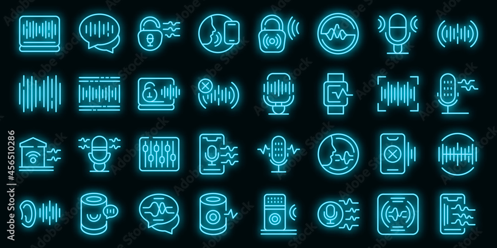 Poster speech recognition icons set. outline set of speech recognition vector icons neon color on black