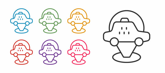 Set line Map pointer with taxi car icon isolated on white background. Location symbol. Set icons colorful. Vector