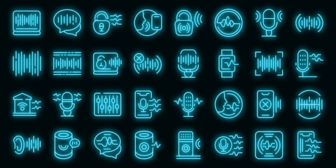 Speech recognition icons set. Outline set of speech recognition vector icons neon color on black