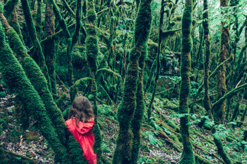 petite fille vêtue en rouge perdue au milieu d'une forêt inquiétante - obrazy, fototapety, plakaty