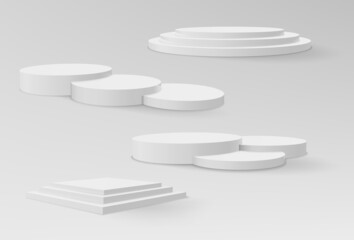 Realistic marble and white pedestals or podium, abstract geometric empty museum stages