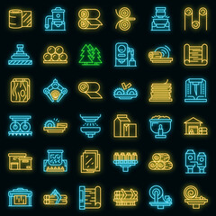 Paper production icons set. Outline set of paper production vector icons neon color on black