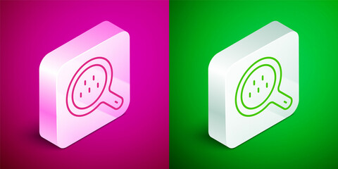 Isometric line Magnifying glass and taxi car icon isolated on pink and green background. Taxi search. Silver square button. Vector