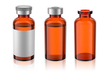 Vaccine brown glass injection vials set isolated. 3d rendering.