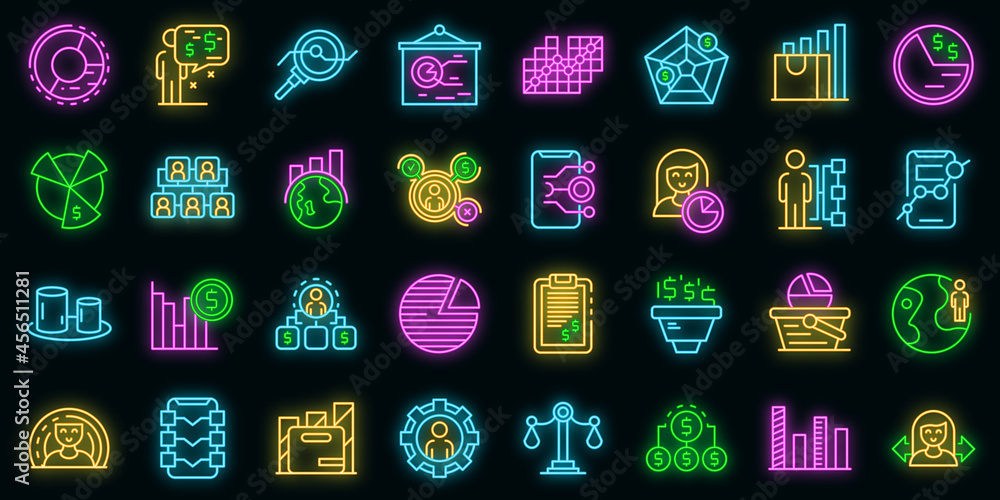 Poster market segmentation icons set. outline set of market segmentation vector icons neon color on black