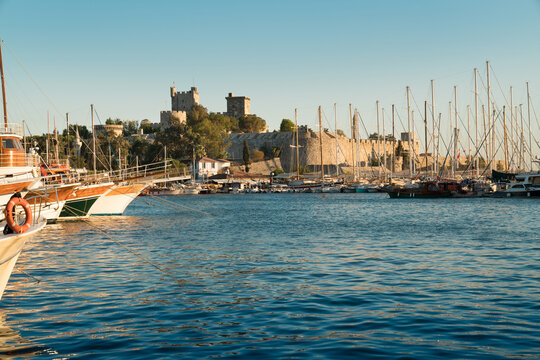 Famous historical Bodrum Castle and Bodrum marina. Muğla TURKEY