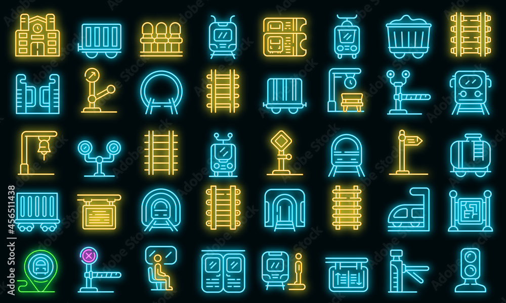 Poster railway platform icons set. outline set of railway platform vector icons neon color on black