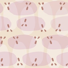 Abstract vector repeating illustration with overlapping hand drawing shapes. Seamless pattern in modern collage style. Pink blobs, stains on the yellow background. For wrapping, fabrics and other.