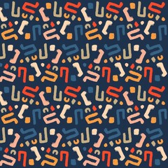 Vector abstract seamless pattern with colorful details constructor on the dark blue background. Modern texture with painted brushes blocks. For textile, greeting cards, packaging, gift wrap design.