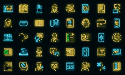 Personal assistant icons set. Outline set of personal assistant vector icons neon color on black