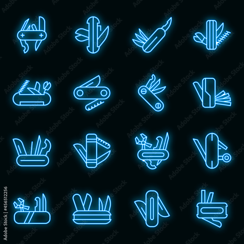 Poster multitool icons set. outline set of multitool vector icons neon color on black