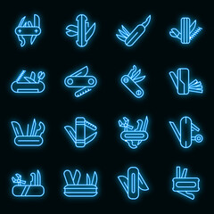 Multitool icons set. Outline set of multitool vector icons neon color on black
