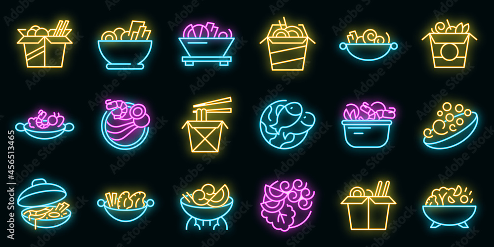 Aufkleber wok menu icons set. outline set of wok menu vector icons neon color on black
