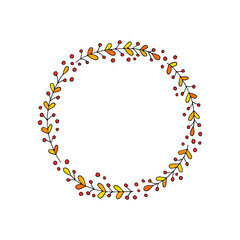 A wreath of branches and berries. Round frame from plants. Autumn. Yellow leaves. Vector. Doodle. Hand-drawn illustration.