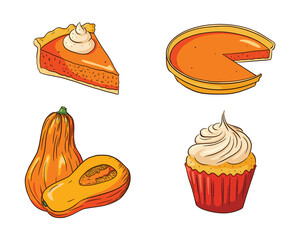 Autumn Holiday pumpkin dishes Collection. Thanksgiving Food Set. Fresh ripe pumpkins and pumpkin pies illustration for stickers, invitation, menu and greeting cards decoration. Premium Vector