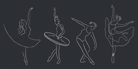 Ballet Dancers Set. Continuous Line Art. Collection of ballerinas in graceful postures, with pointe shoes and tutu. Premium Vector