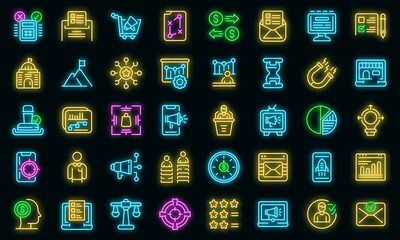 Successful campaign icons set. Outline set of successful campaign vector icons neon color on black