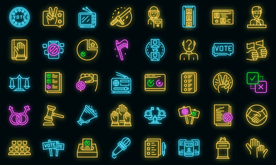 Democracy icons set. Outline set of democracy vector icons neon color on black