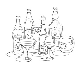 Bottle and glass beer vermouth wine whiskey together in hand drawn style. Beverage outline icon. Restaurant illustration for celebration design. Retro sketch. Line art. Isolated on white background