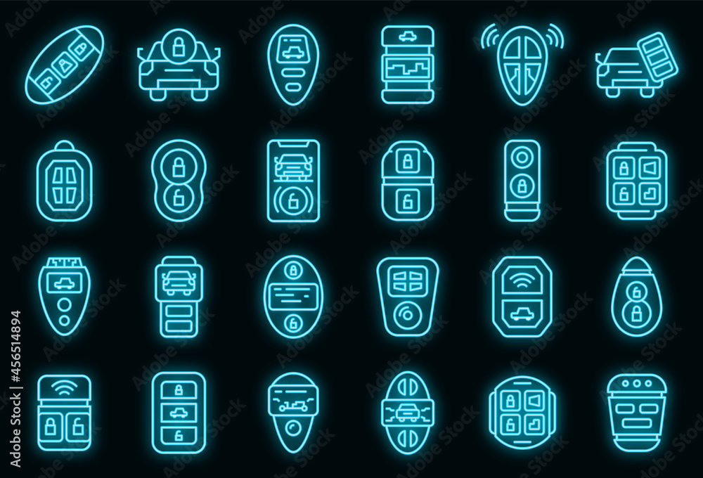Poster smart car key icons set. outline set of smart car key vector icons neon color on black