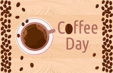 Coffee Day international holiday. Cup of coffee espresso on wooden table. Top view. October 1. Vector illustration