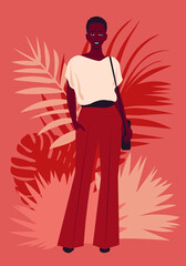 Fototapeta premium Portrait of an African woman who stands in full height with shoulder bag. Casual outfit. Vector flat illustration