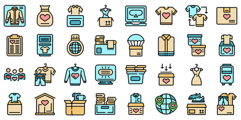 Clothes donation icons set. Outline set of clothes donation vector icons thin line color flat isolated on white