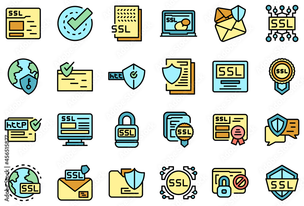 Poster ssl certificate icons set. outline set of ssl certificate vector icons thin line color flat isolated
