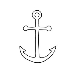 Anchor of the ship. Vector. Doodle. Hand-drawn illustration. Silhouette. Black and white outline. Coloring.