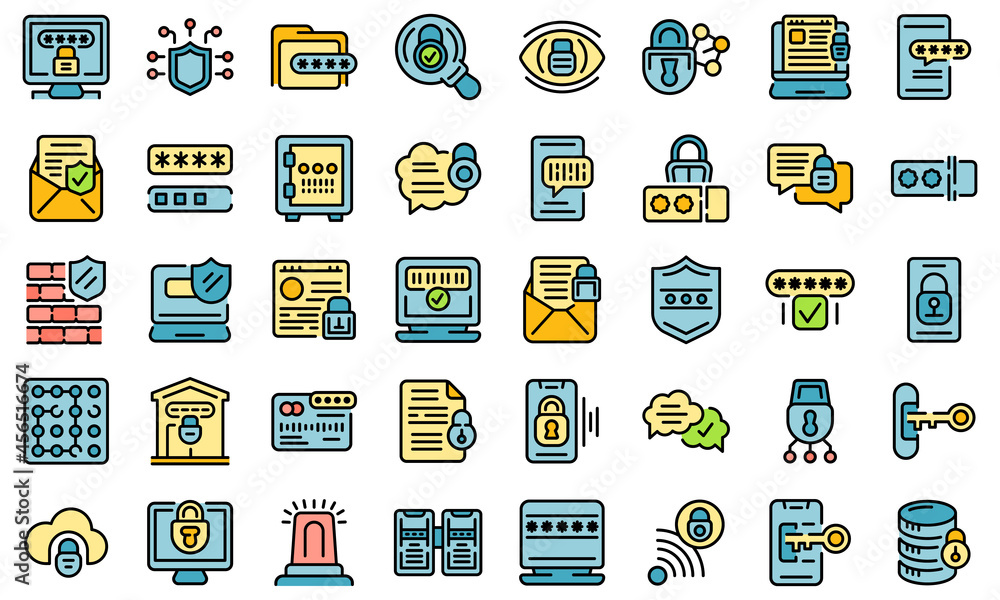 Poster password protection icons set. outline set of password protection vector icons thin line color flat 