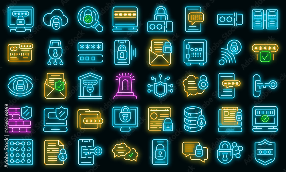 Poster password protection icons set. outline set of password protection vector icons neon color on black