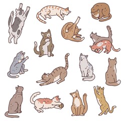 Set of cats in different poses. Not pedigreed pets outline doodle isolated vector illustration.