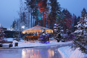 Trees in the forest and a gazebo on a street ice rink