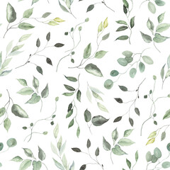 Hand painted foliage pattern, seamless floral print with green leaves, watercolor illustration isolated on white background for your wallpapers, textile or cover.