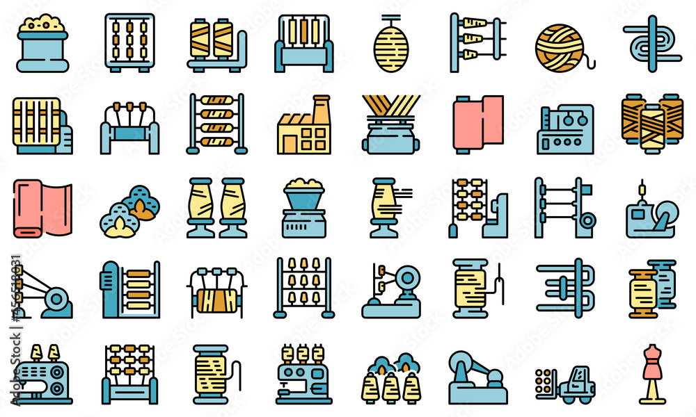 Poster thread production icons set. outline set of thread production vector icons thin line color flat isol