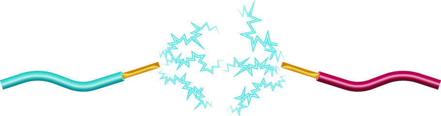 two electrical cables blue and red with bare ends and sparks between them 