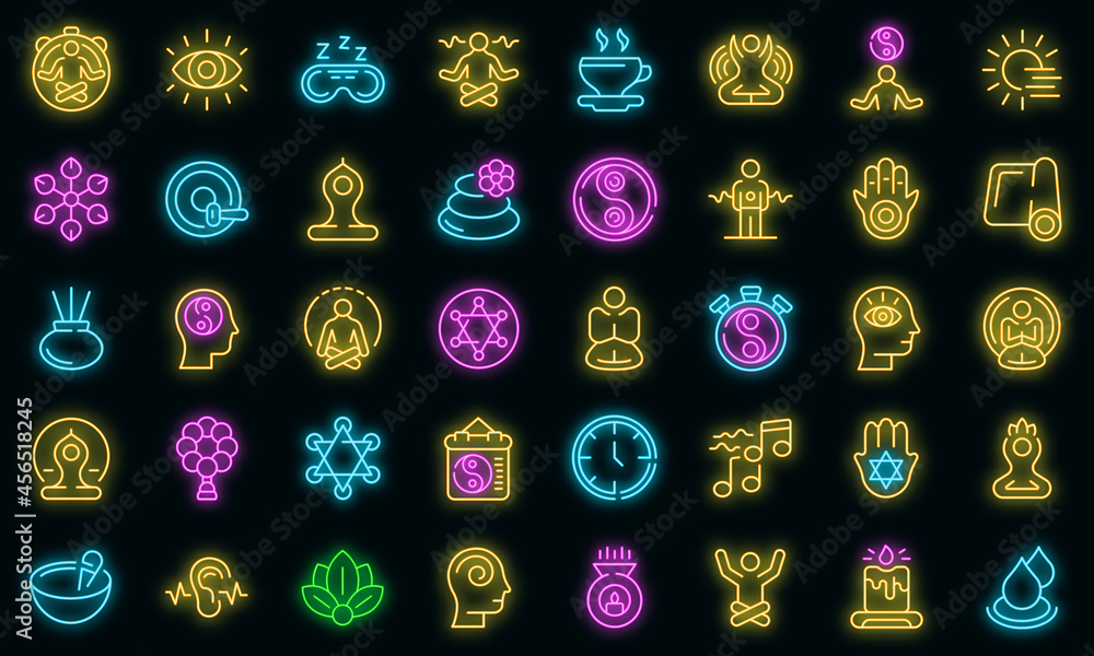 Poster spiritual practices icons set. outline set of spiritual practices vector icons neon color on black
