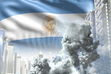 huge smoke pillar in the modern city - concept of industrial disaster or terroristic act on Argentina flag background, industrial 3D illustration