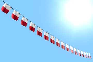 nice memorial day flag 3d illustration. - many Malta flags or banners hanging diagonal on rope on blue sky background with selective focus