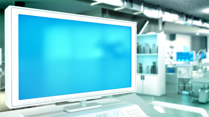 blue screen monitor with empty place - medical curing mockup - creative object 3D rendering