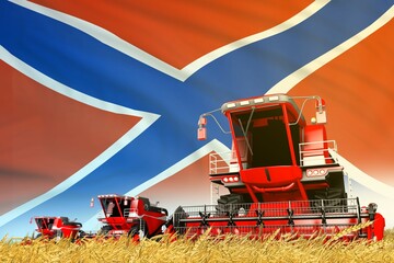 red wheat agricultural combine harvester on field with Novorossia flag background, food industry concept - industrial 3D illustration