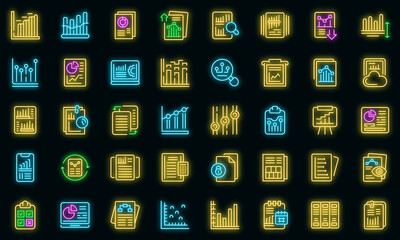 Business report icons set. Outline set of business report vector icons neon color on black