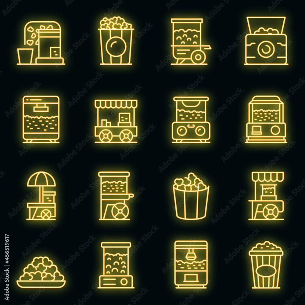 Poster popcorn maker machine icons set. outline set of popcorn maker machine vector icons neon color on bla